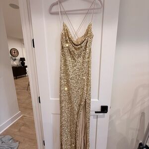 Gold Sequin Cowl Neck Evening Gown